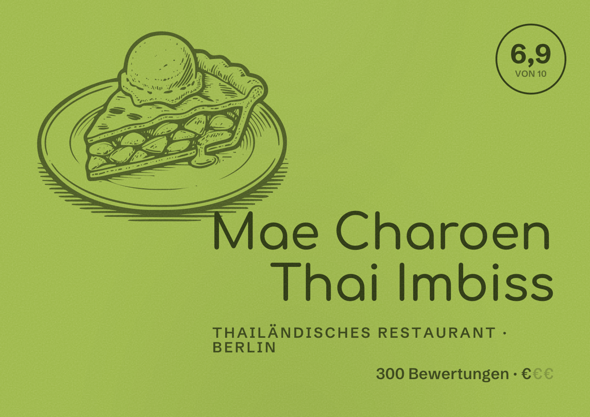 Illustriertes Poster von Mae Charoen Thai Imbiss, Thailändisches Restaurant in Berlin: Bewertung 6,9 von 10 aus 300 Bewertungen, Preisniveau €