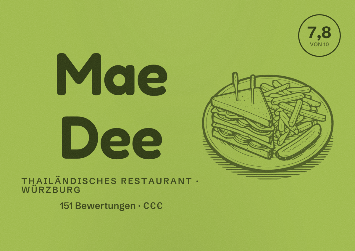 Illustriertes Poster von Mae Dee, Thailändisches Restaurant in Würzburg: Bewertung 7,8 von 10 aus 151 Bewertungen, Preisniveau €€€