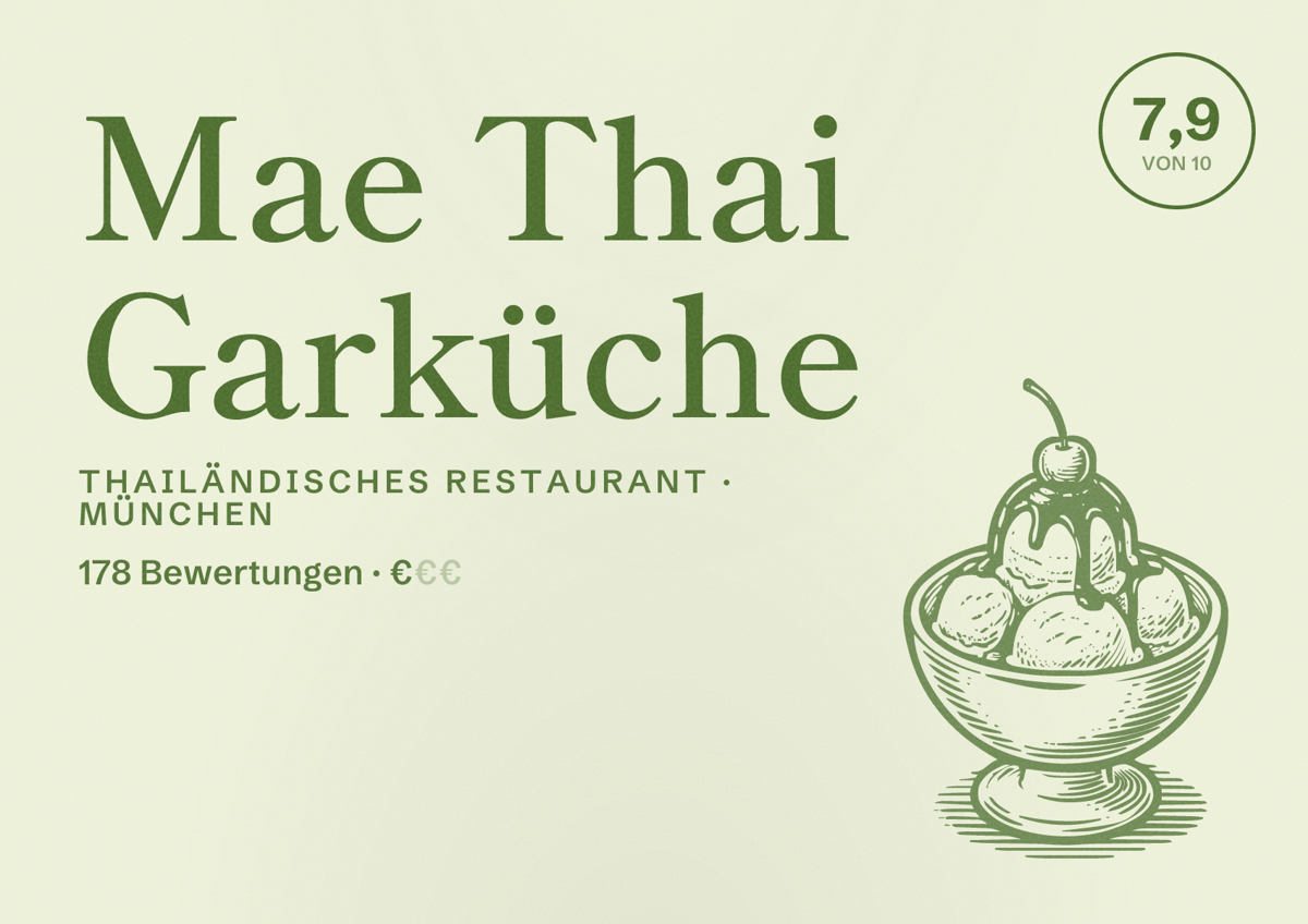 Illustriertes Poster von Mae Thai Garküche, Thailändisches Restaurant in München: Bewertung 7,9 von 10 aus 178 Bewertungen, Preisniveau €