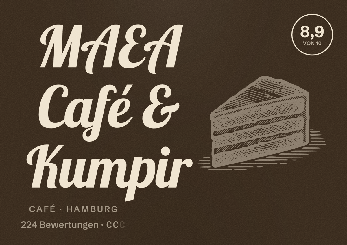 Illustriertes Poster von MAEA Café & Kumpir, Café in Hamburg: Bewertung 8,9 von 10 aus 224 Bewertungen, Preisniveau €€