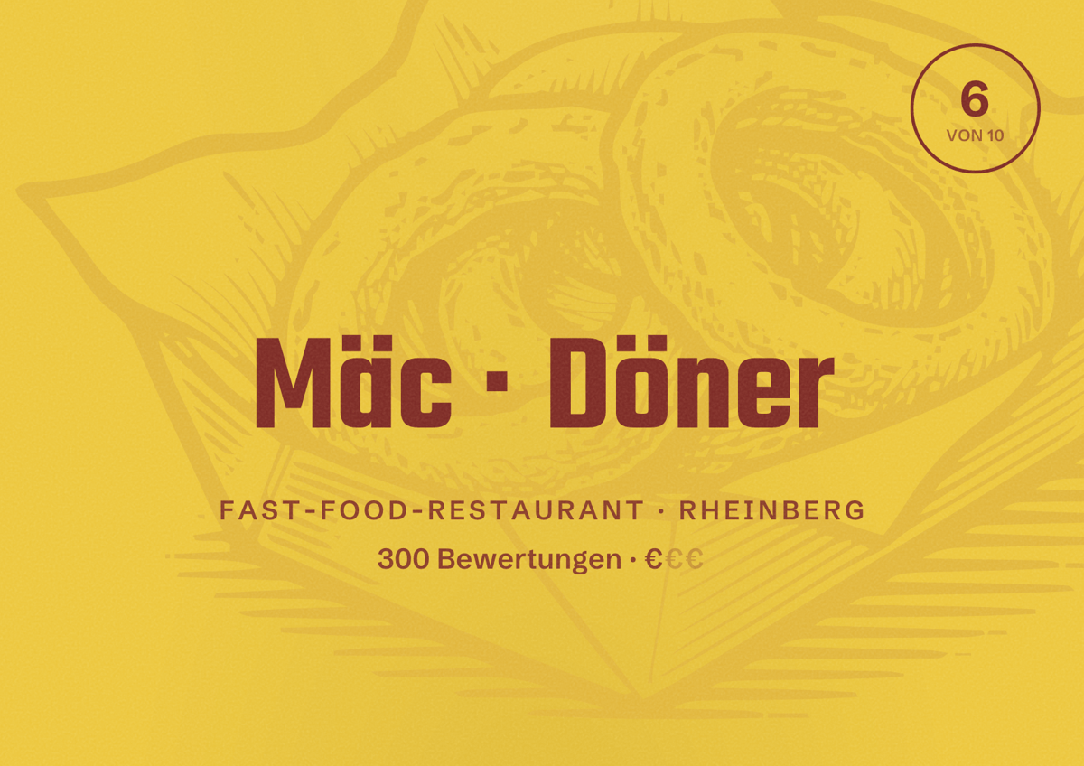 Illustriertes Poster von Mäc Döner, Fast-Food-Restaurant in Rheinberg: Bewertung 6 von 10 aus 300 Bewertungen, Preisniveau €