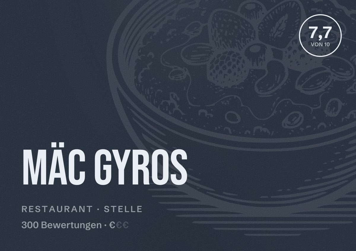 Illustriertes Poster von Mäc Gyros, Restaurant in Stelle: Bewertung 7,7 von 10 aus 300 Bewertungen, Preisniveau €