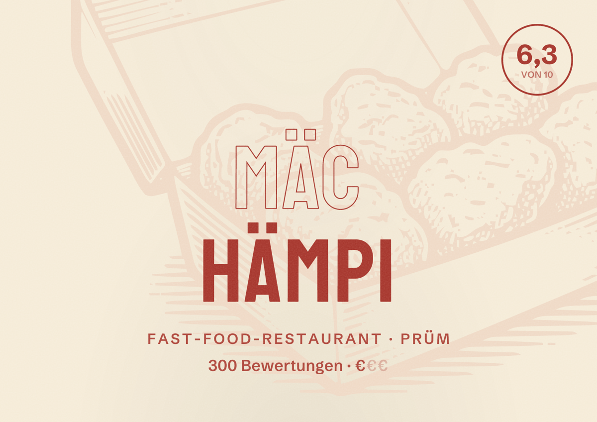 Illustriertes Poster von Mäc Hämpi, Fast-Food-Restaurant in Prüm: Bewertung 6,3 von 10 aus 300 Bewertungen, Preisniveau €