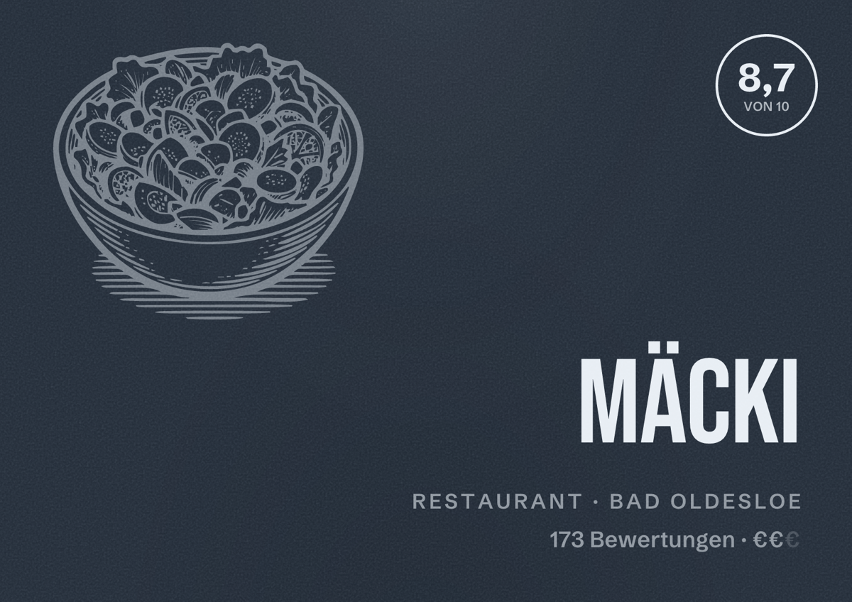 Illustriertes Poster von Mäcki, Restaurant in Bad Oldesloe: Bewertung 8,7 von 10 aus 173 Bewertungen, Preisniveau €€