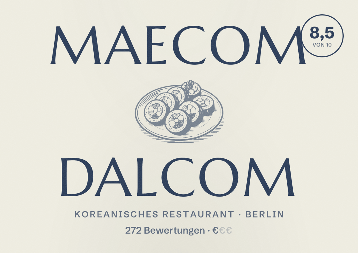 Illustriertes Poster von Maecom Dalcom, Koreanisches Restaurant in Berlin: Bewertung 8,5 von 10 aus 272 Bewertungen, Preisniveau €