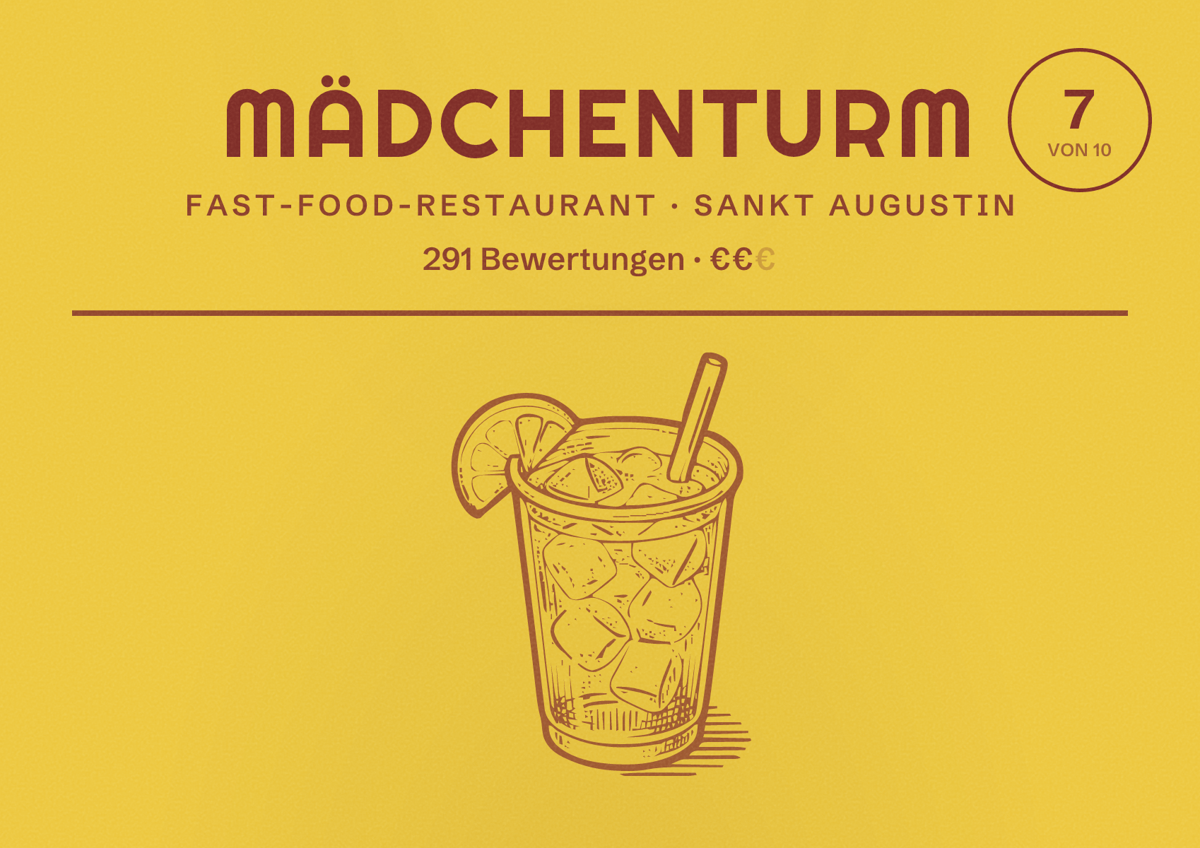 Illustriertes Poster von Mädchenturm, Fast-Food-Restaurant in Sankt Augustin: Bewertung 7 von 10 aus 291 Bewertungen, Preisniveau €€