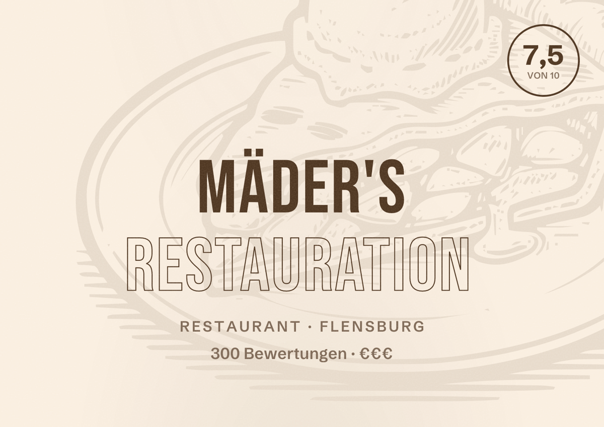 Illustriertes Poster von Mäder's Restauration, Restaurant in Flensburg: Bewertung 7,5 von 10 aus 300 Bewertungen, Preisniveau €€€
