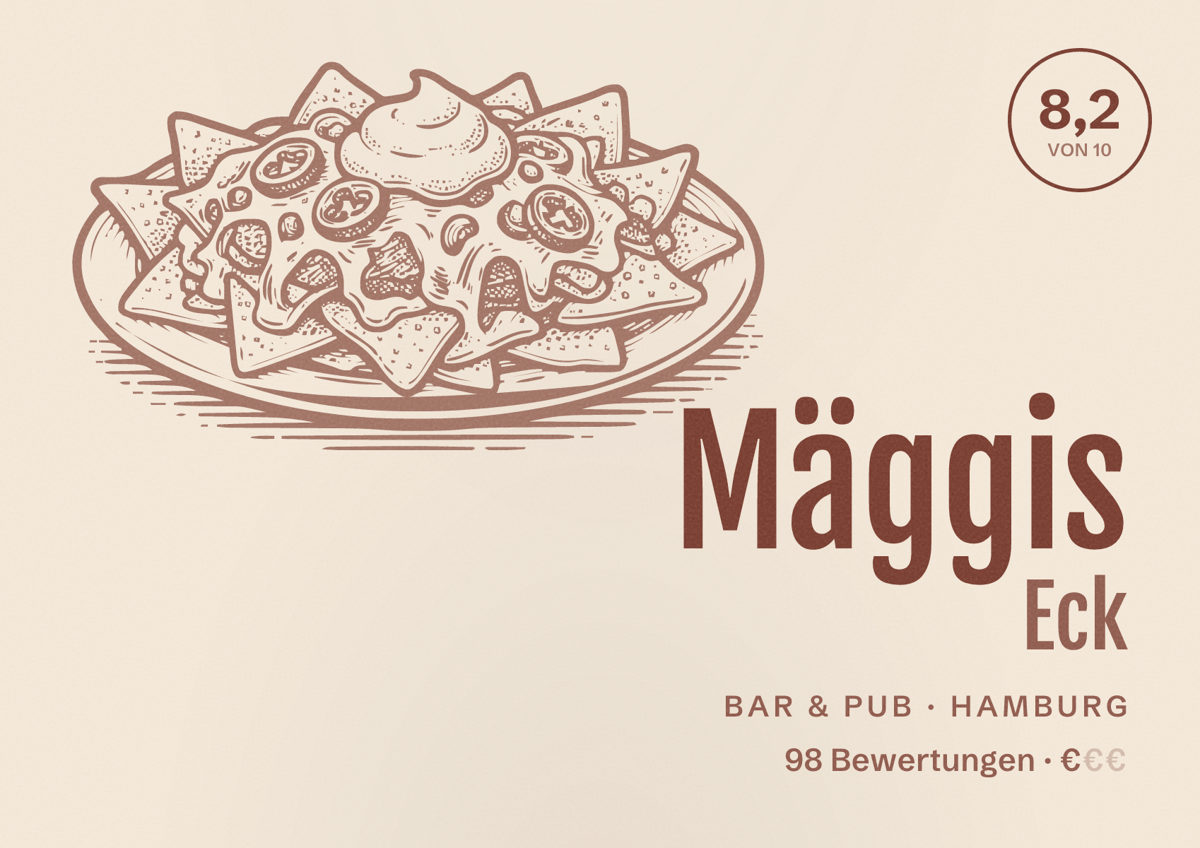 Illustriertes Poster von Mäggis Eck, Bar & Pub in Hamburg: Bewertung 8,2 von 10 aus 98 Bewertungen, Preisniveau €