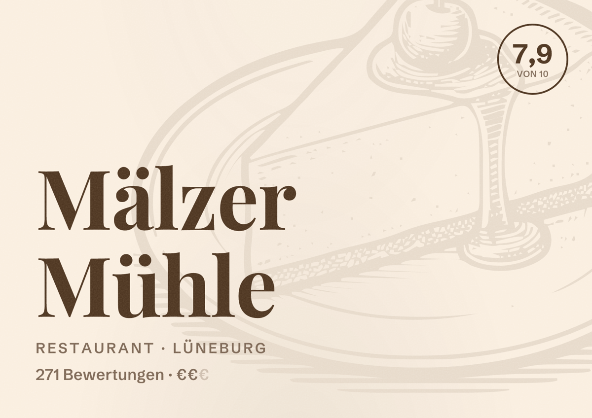 Illustriertes Poster von Mälzer Mühle, Restaurant in Lüneburg: Bewertung 7,9 von 10 aus 271 Bewertungen, Preisniveau €€