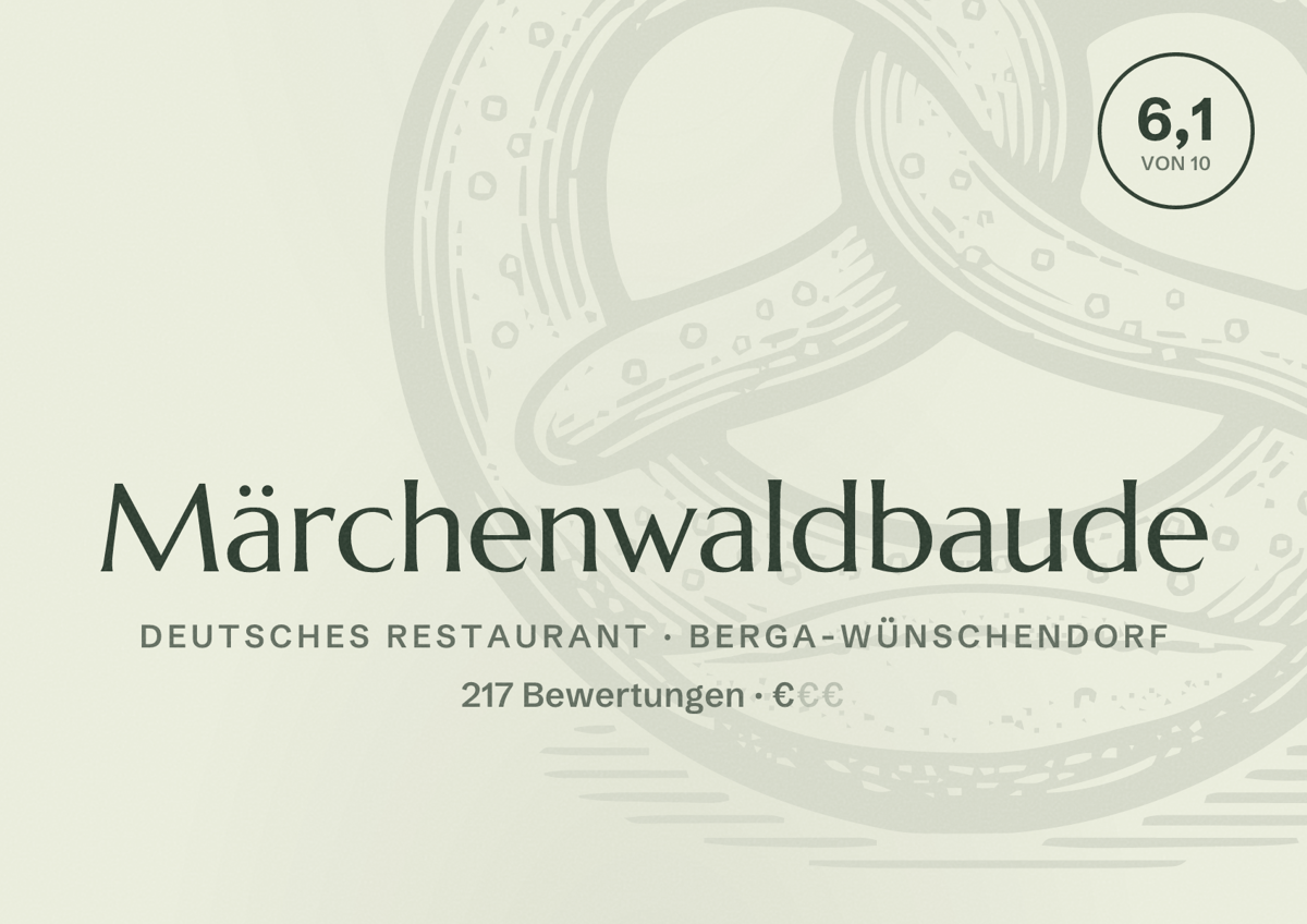 Illustriertes Poster von Märchenwaldbaude, Deutsches Restaurant in Berga-Wünschendorf: Bewertung 6,1 von 10 aus 217 Bewertungen, Preisniveau €