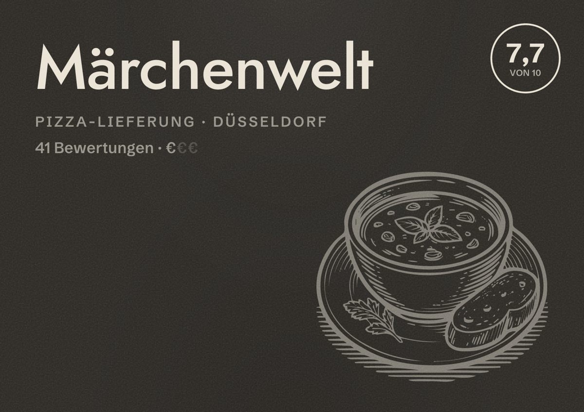 Illustriertes Poster von Märchenwelt, Pizza-Lieferung in Düsseldorf: Bewertung 7,7 von 10 aus 41 Bewertungen, Preisniveau €