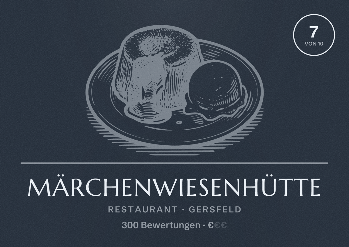 Illustriertes Poster von Märchenwiesenhütte, Restaurant in Gersfeld: Bewertung 7 von 10 aus 300 Bewertungen, Preisniveau €