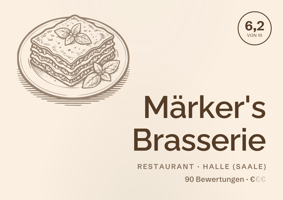 Illustriertes Poster von Märker's Brasserie, Restaurant in Halle (Saale): Bewertung 6,2 von 10 aus 90 Bewertungen, Preisniveau €