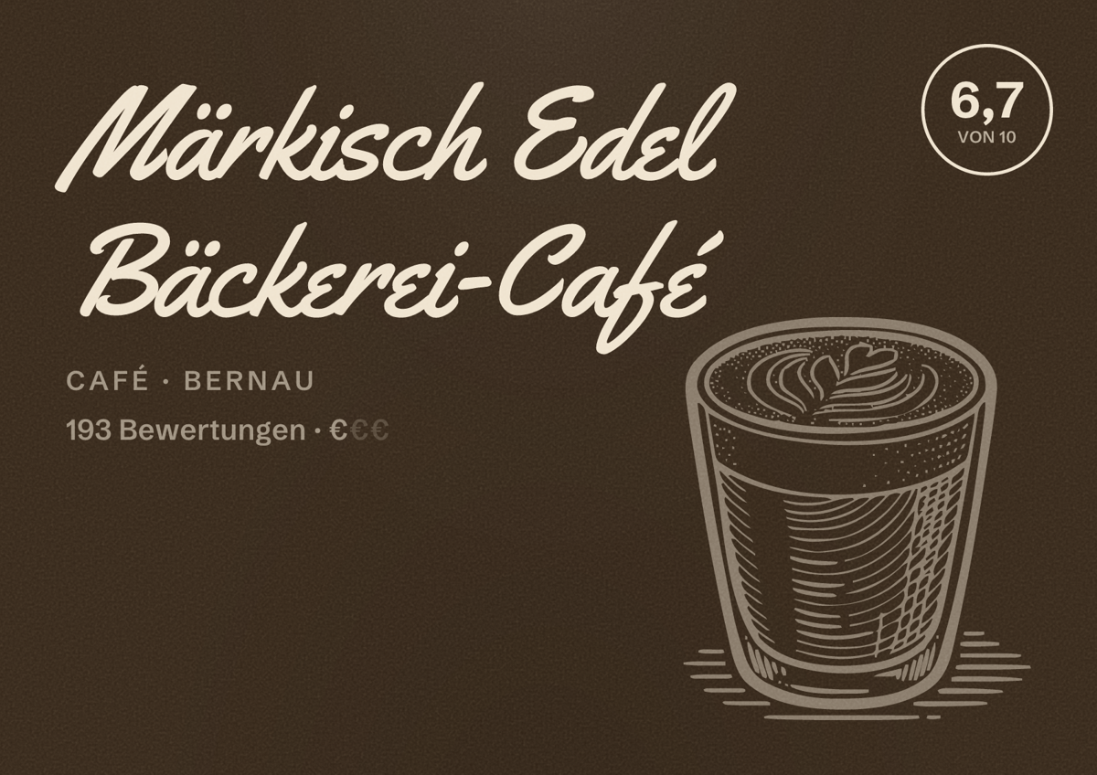 Illustriertes Poster von Märkisch Edel Bäckerei-Café, Café in Bernau: Bewertung 6,7 von 10 aus 193 Bewertungen, Preisniveau €