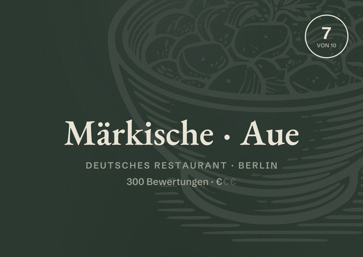 Illustriertes Poster von Märkische Aue, Deutsches Restaurant in Berlin: Bewertung 7 von 10 aus 300 Bewertungen, Preisniveau €