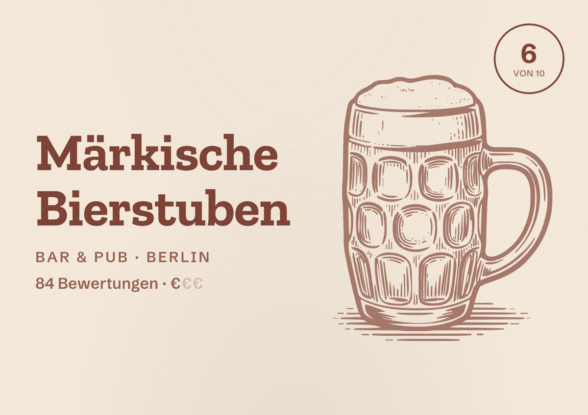 Illustriertes Poster von Märkische Bierstuben, Bar & Pub in Berlin: Bewertung 6 von 10 aus 84 Bewertungen, Preisniveau €