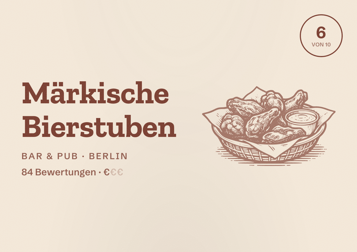 Illustriertes Poster von Märkische Bierstuben, Bar & Pub in Berlin: Bewertung 6,0 von 10 aus 84 Bewertungen, Preisniveau €