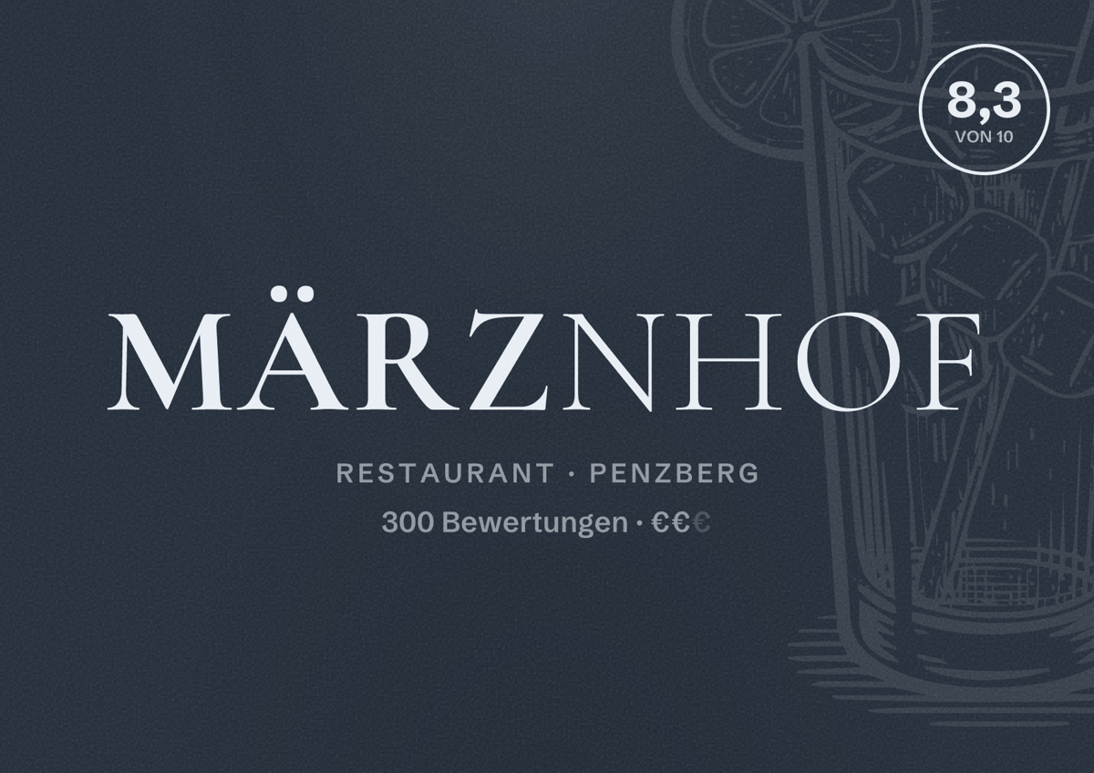 Illustriertes Poster von Märznhof, Restaurant in Penzberg: Bewertung 8,3 von 10 aus 300 Bewertungen, Preisniveau €€
