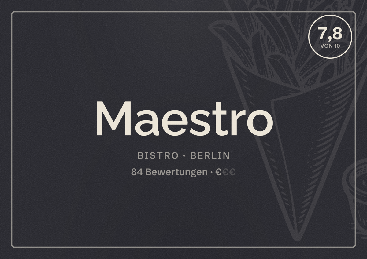 Illustriertes Poster von Maestro, Bistro in Berlin: Bewertung 7,8 von 10 aus 84 Bewertungen, Preisniveau €