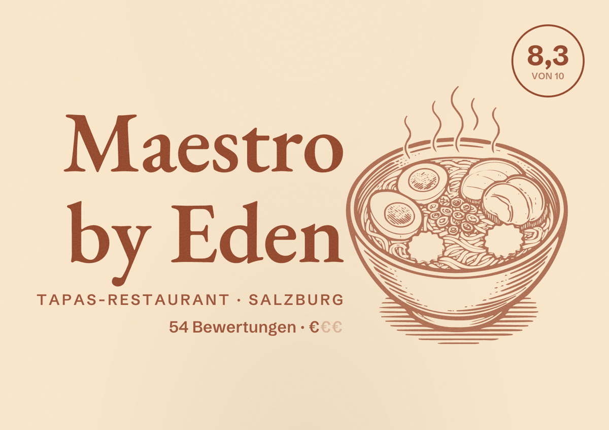 Illustriertes Poster von Maestro by Eden, Tapas-Restaurant in Salzburg: Bewertung 8,3 von 10 aus 54 Bewertungen, Preisniveau €