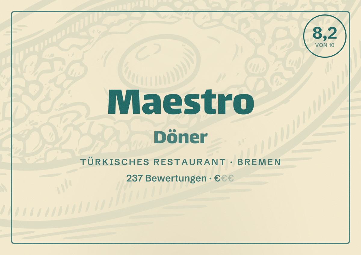 Illustriertes Poster von Maestro Döner, Türkisches Restaurant in Bremen: Bewertung 8,2 von 10 aus 237 Bewertungen, Preisniveau €