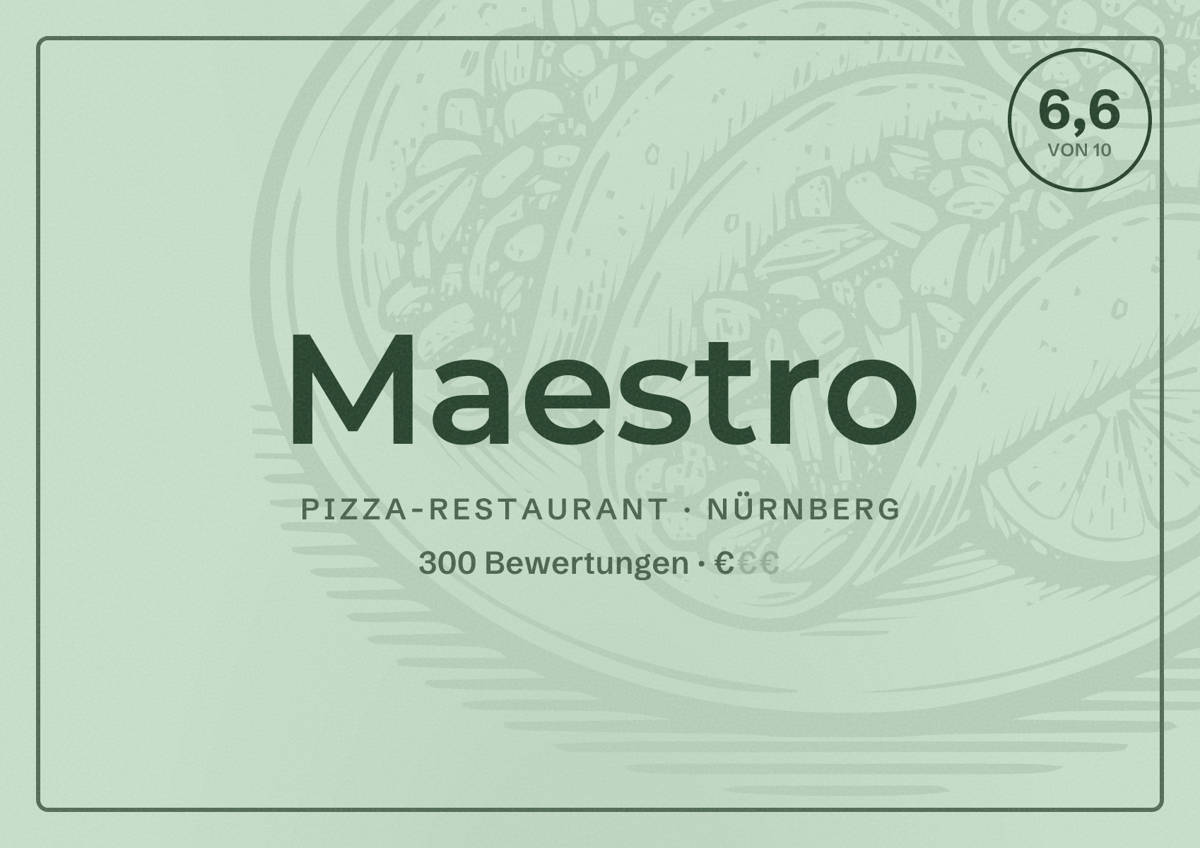 Illustriertes Poster von Maestro, Pizza-Restaurant in Nürnberg: Bewertung 6,6 von 10 aus 300 Bewertungen, Preisniveau €