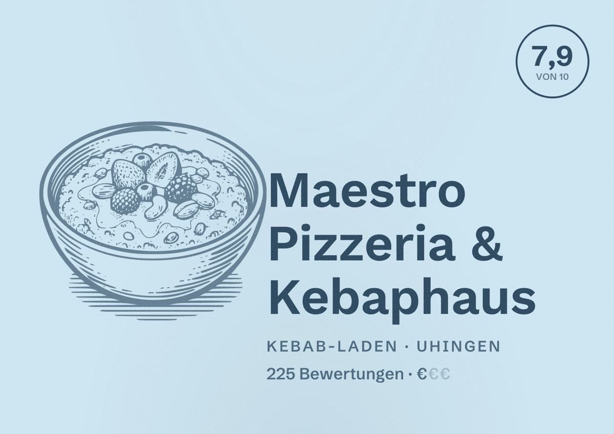 Illustriertes Poster von Maestro Pizzeria & Kebaphaus, Kebab-Laden in Uhingen: Bewertung 7,9 von 10 aus 225 Bewertungen, Preisniveau €