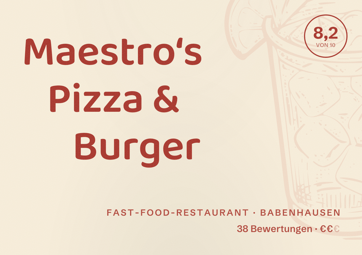 Illustriertes Poster von Maestro‘s Pizza & Burger, Fast-Food-Restaurant in Babenhausen: Bewertung 8,2 von 10 aus 38 Bewertungen, Preisniveau €€