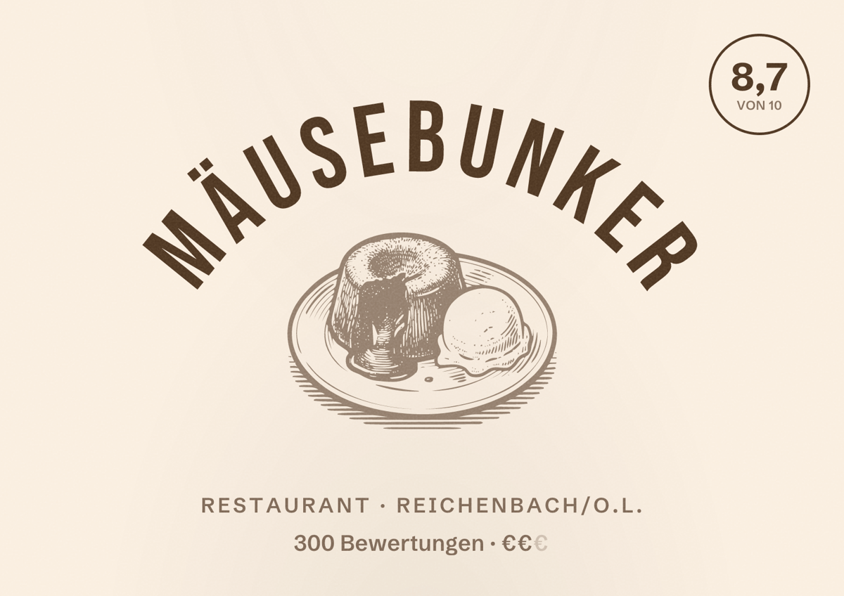 Illustriertes Poster von MÄUSEBUNKER, Restaurant in Reichenbach/O.L.: Bewertung 8,7 von 10 aus 300 Bewertungen, Preisniveau €€