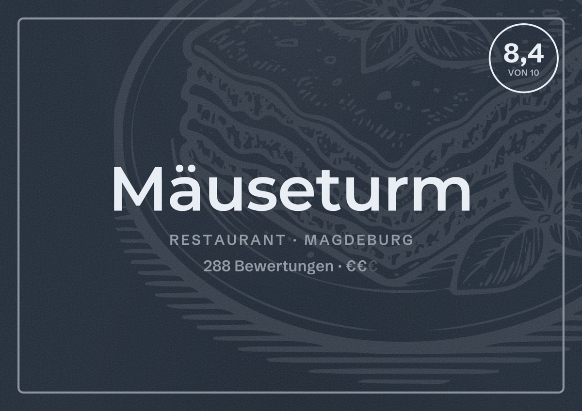 Illustriertes Poster von Mäuseturm, Restaurant in Magdeburg: Bewertung 8,4 von 10 aus 288 Bewertungen, Preisniveau €€