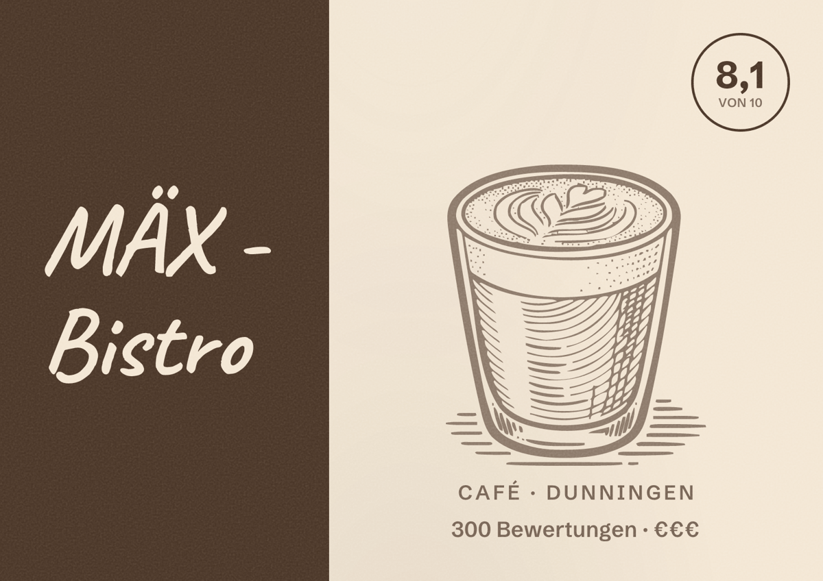 Illustriertes Poster von MÄX - Bistro, Café in Dunningen: Bewertung 8,1 von 10 aus 300 Bewertungen, Preisniveau €€€