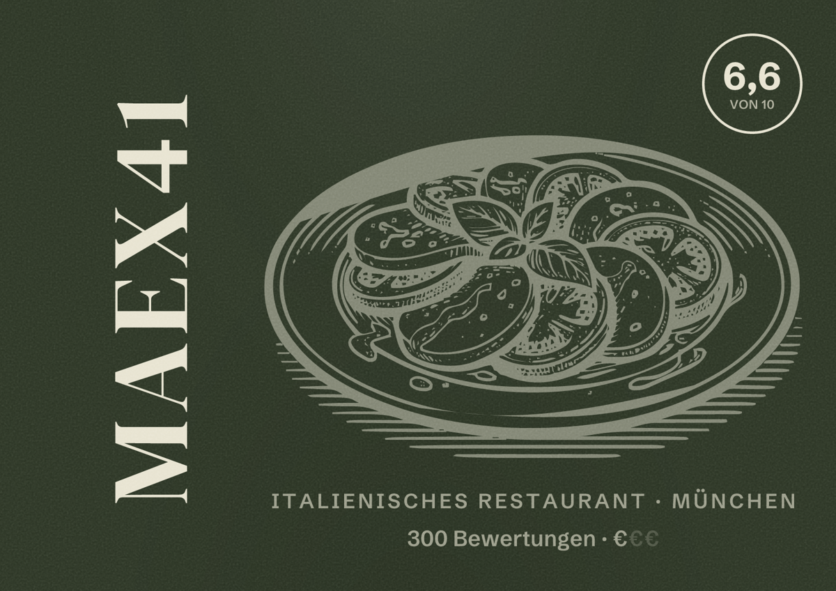 Illustriertes Poster von Maex41, Italienisches Restaurant in München: Bewertung 6,6 von 10 aus 300 Bewertungen, Preisniveau €