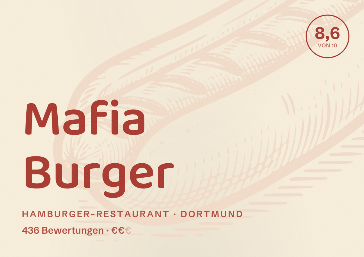 Illustriertes Poster von Mafia Burger, Hamburger-Restaurant in Dortmund: Bewertung 8,6 von 10 aus 436 Bewertungen, Preisniveau €€