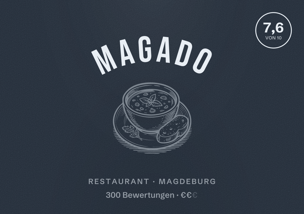 Illustriertes Poster von Magado, Restaurant in Magdeburg: Bewertung 7,6 von 10 aus 300 Bewertungen, Preisniveau €€