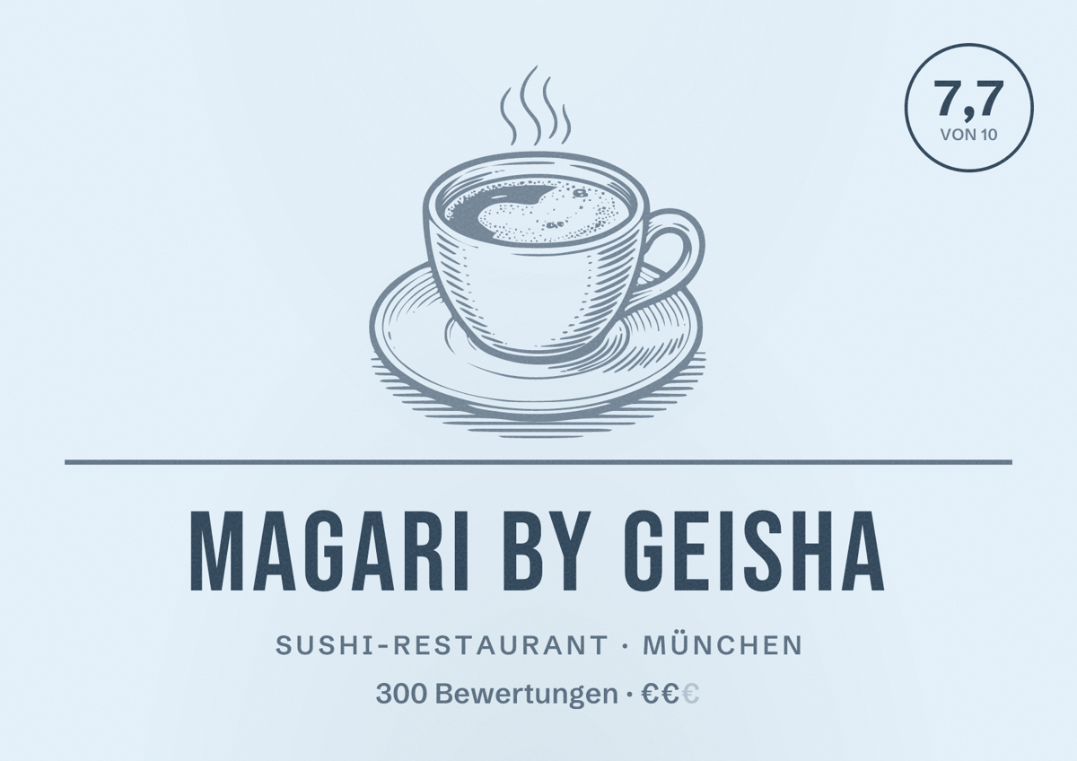 Illustriertes Poster von Magari by Geisha, Sushi-Restaurant in München: Bewertung 7,7 von 10 aus 300 Bewertungen, Preisniveau €€