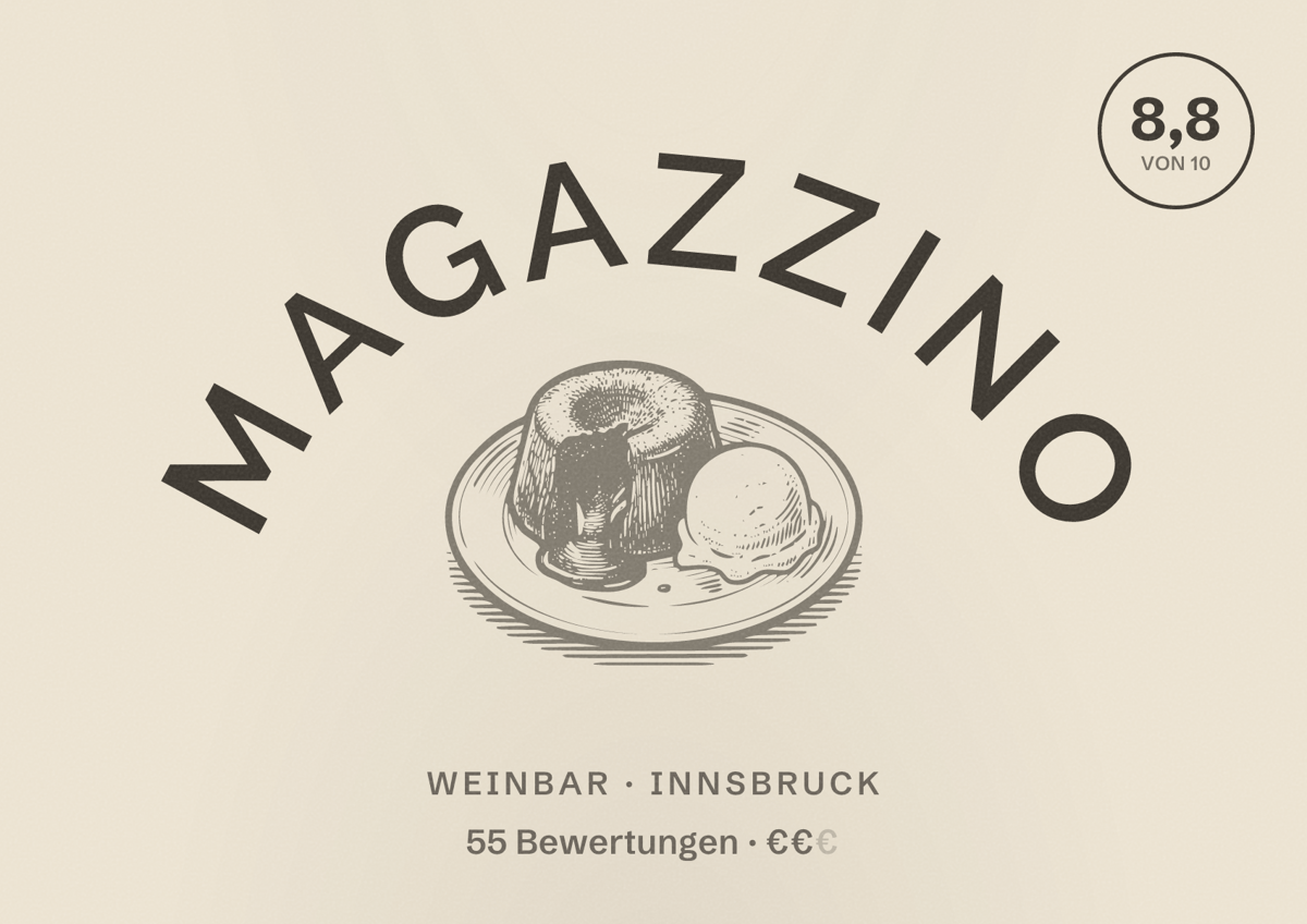 Illustriertes Poster von MAGAZZINO, Weinbar in Innsbruck: Bewertung 8,8 von 10 aus 55 Bewertungen, Preisniveau €€