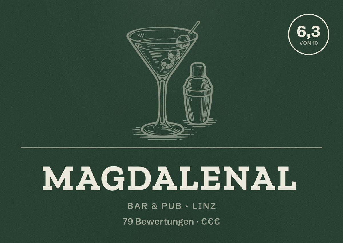 Illustriertes Poster von Magdalenal, Bar & Pub in Linz: Bewertung 6,3 von 10 aus 79 Bewertungen, Preisniveau €€€