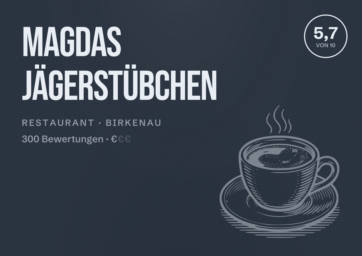 Illustriertes Poster von Magdas Jägerstübchen, Restaurant in Birkenau: Bewertung 5,7 von 10 aus 300 Bewertungen, Preisniveau €
