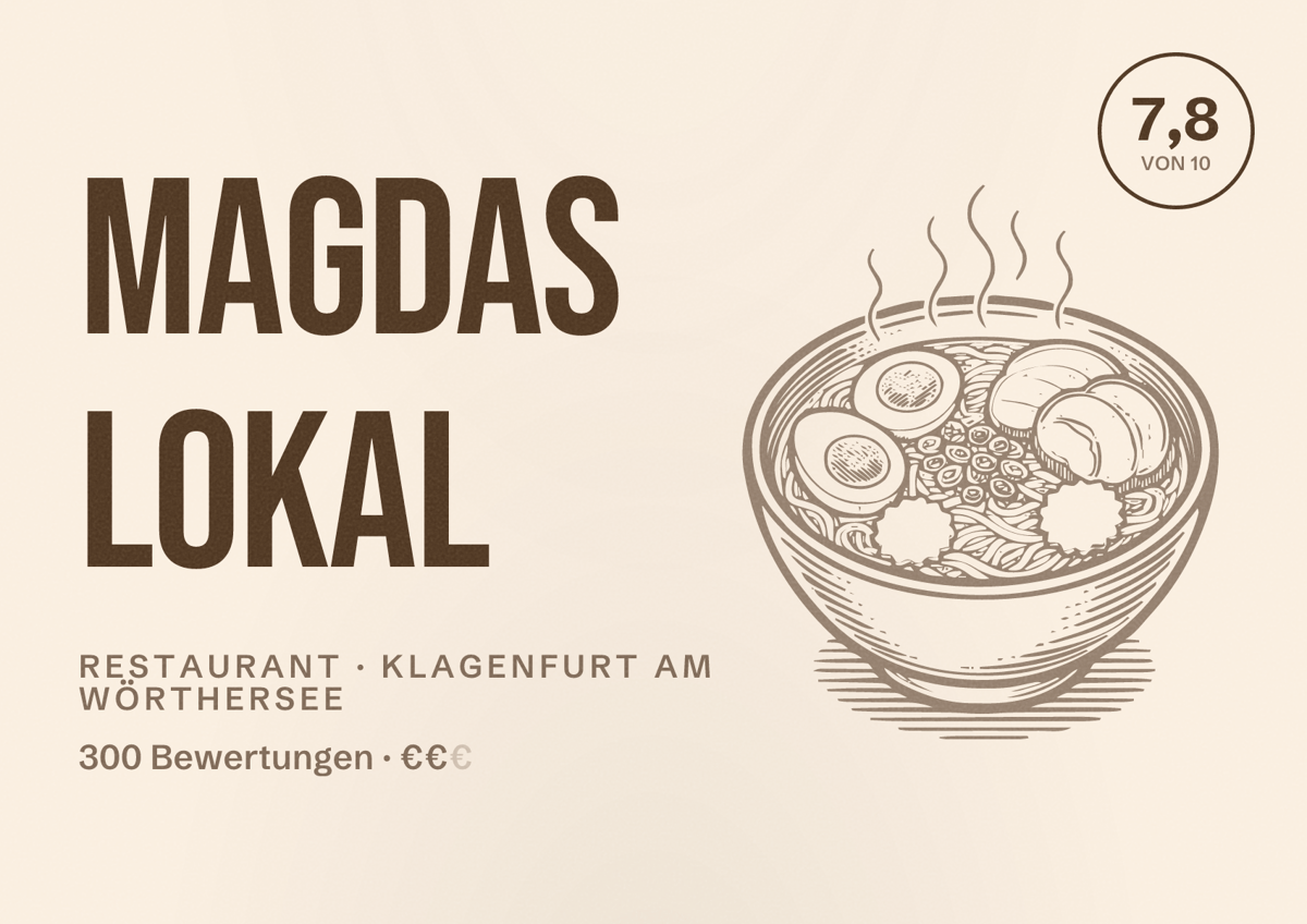Illustriertes Poster von magdas Lokal, Restaurant in Klagenfurt am Wörthersee: Bewertung 7,8 von 10 aus 300 Bewertungen, Preisniveau €€