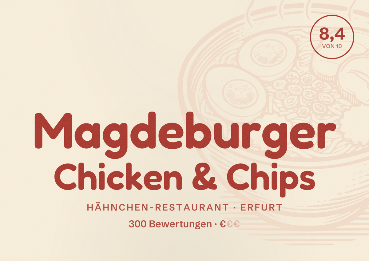 Illustriertes Poster von Magdeburger Chicken & Chips, Hähnchen-Restaurant in Erfurt: Bewertung 8,4 von 10 aus 300 Bewertungen, Preisniveau €