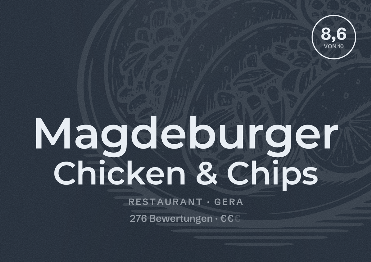 Illustriertes Poster von Magdeburger Chicken & Chips, Restaurant in Gera: Bewertung 8,6 von 10 aus 276 Bewertungen, Preisniveau €€