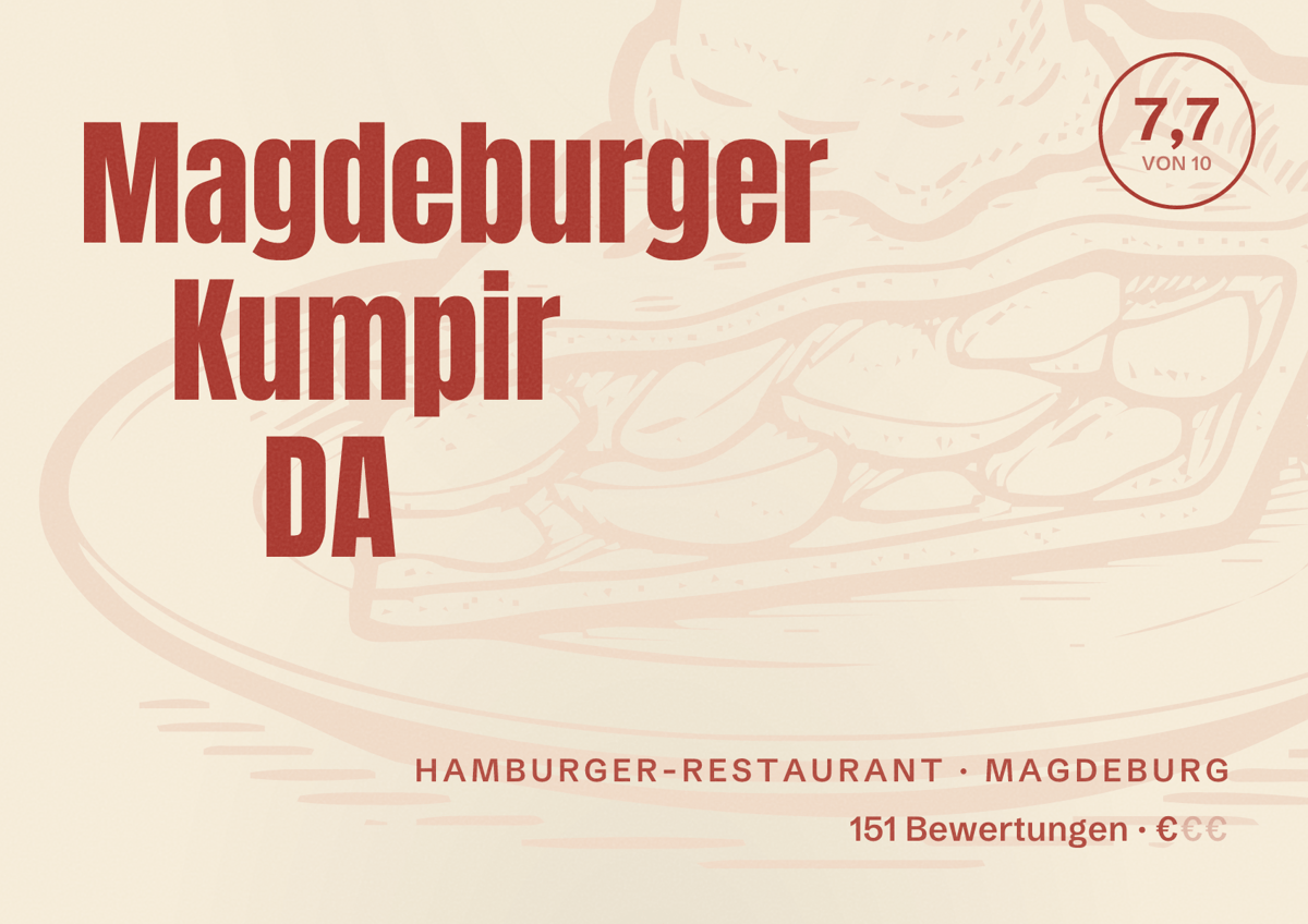 Illustriertes Poster von Magdeburger Kumpir DA, Hamburger-Restaurant in Magdeburg: Bewertung 7,7 von 10 aus 151 Bewertungen, Preisniveau €