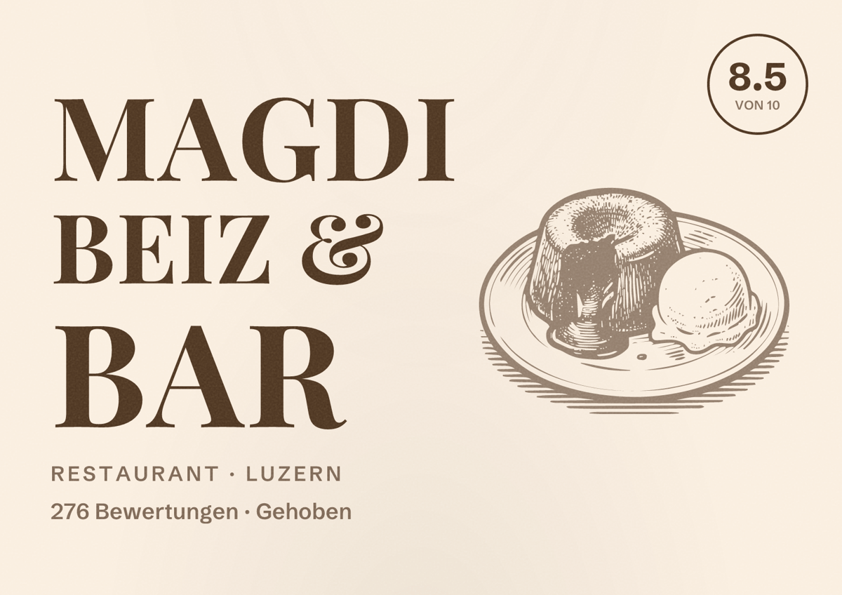 Illustriertes Poster von magdi beiz & bar, Restaurant in Luzern: Bewertung 8.5 von 10 aus 276 Bewertungen, Preisniveau Gehoben