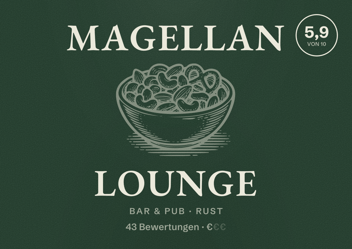 Illustriertes Poster von Magellan Lounge, Bar & Pub in Rust: Bewertung 5,9 von 10 aus 43 Bewertungen, Preisniveau €