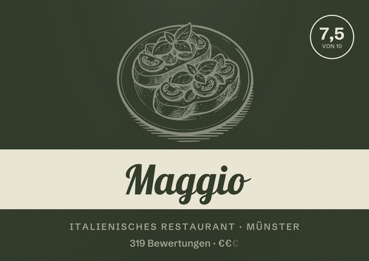 Illustriertes Poster von Maggio, Italienisches Restaurant in Münster: Bewertung 7,5 von 10 aus 319 Bewertungen, Preisniveau €€