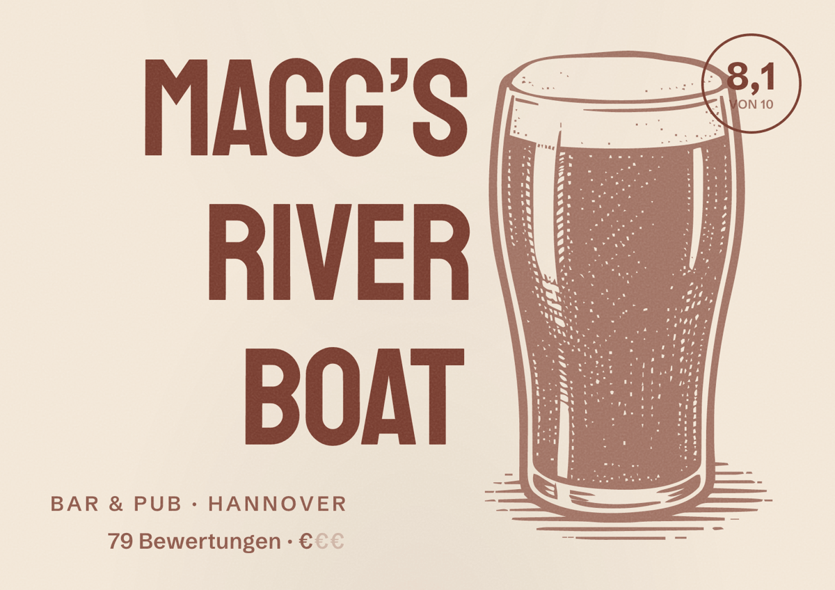 Illustriertes Poster von Magg’s River Boat, Bar & Pub in Hannover: Bewertung 8,1 von 10 aus 79 Bewertungen, Preisniveau €