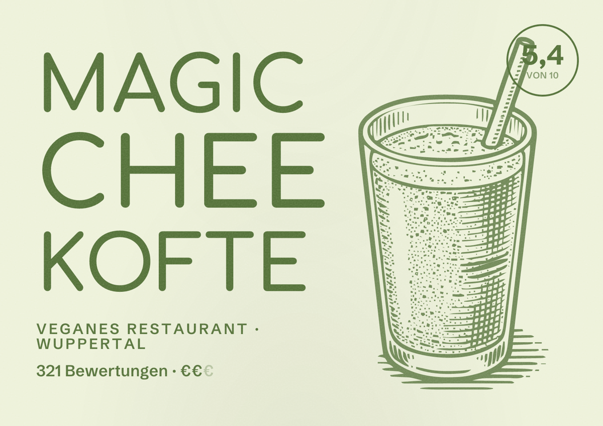 Illustriertes Poster von Magic Chee Kofte, Veganes Restaurant in Wuppertal: Bewertung 5,4 von 10 aus 321 Bewertungen, Preisniveau €€