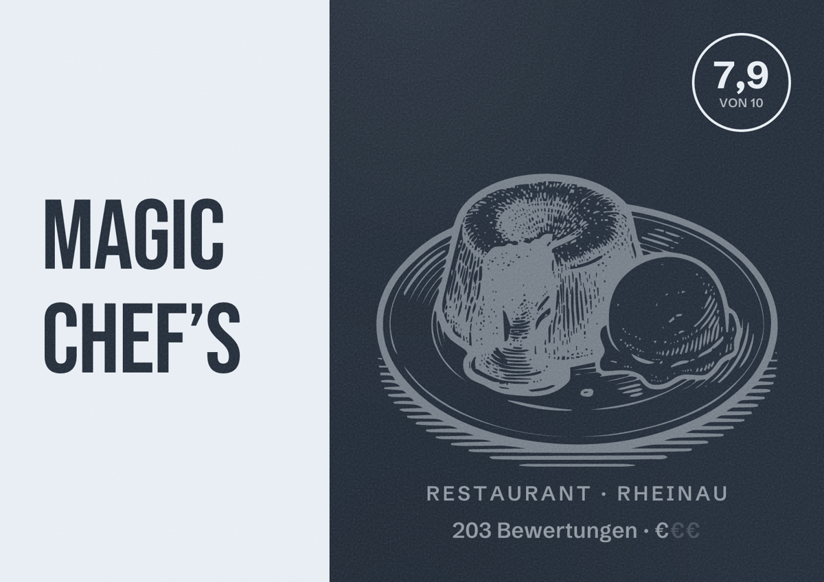 Illustriertes Poster von Magic Chef’s, Restaurant in Rheinau: Bewertung 7,9 von 10 aus 203 Bewertungen, Preisniveau €