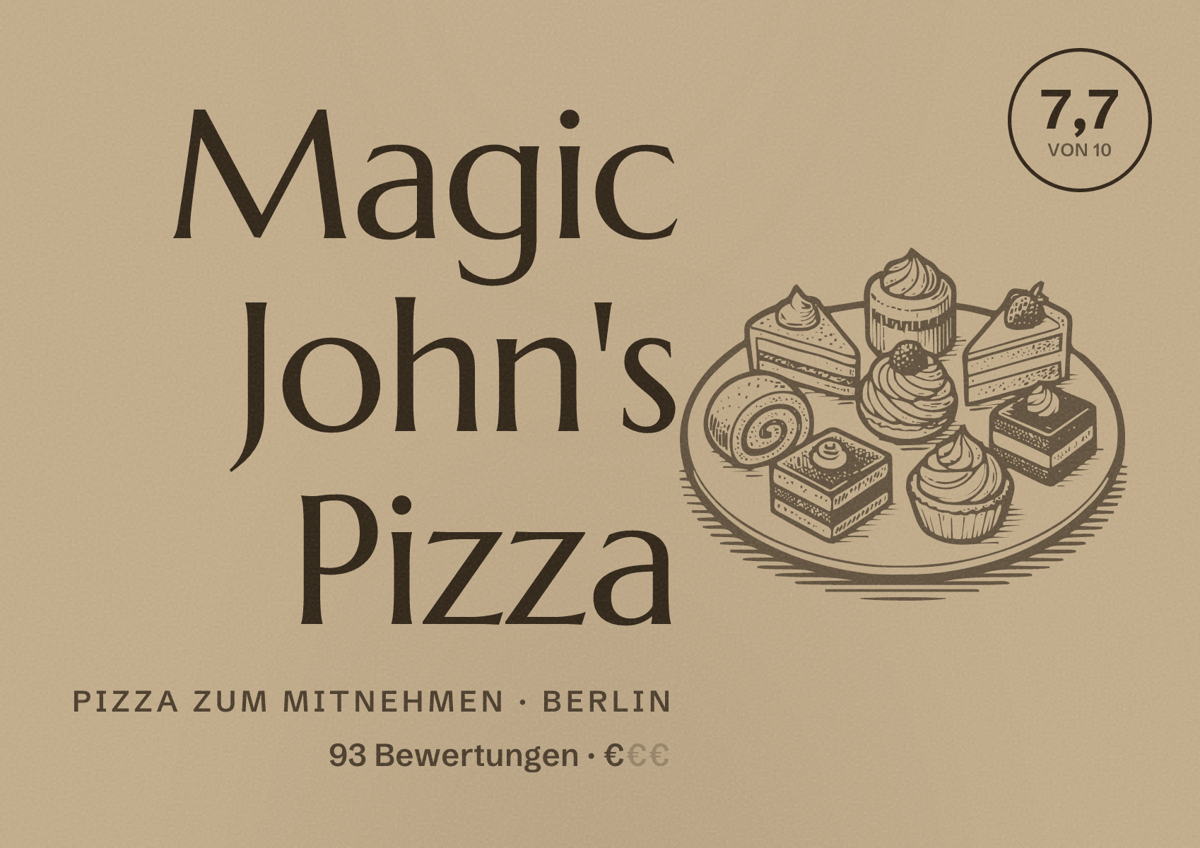 Illustriertes Poster von Magic John's Pizza, Pizza zum Mitnehmen in Berlin: Bewertung 7,7 von 10 aus 93 Bewertungen, Preisniveau €