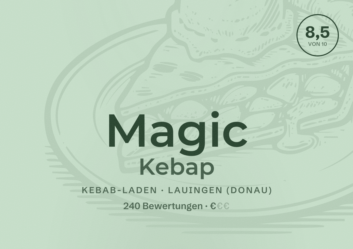 Illustriertes Poster von Magic Kebap, Kebab-Laden in Lauingen (Donau): Bewertung 8,5 von 10 aus 240 Bewertungen, Preisniveau €